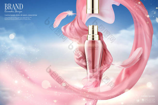 在3d 插图, 蓝天背景下, 粉红色的缎纹和羽毛的<strong>化妆品</strong>喷雾广告