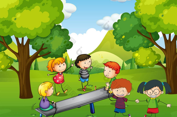 快乐的孩子们在公园里玩跷跷板