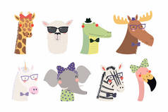 一套可爱有趣的时髦动物, 斯堪的纳维亚风格的设计, 儿童的概念打印