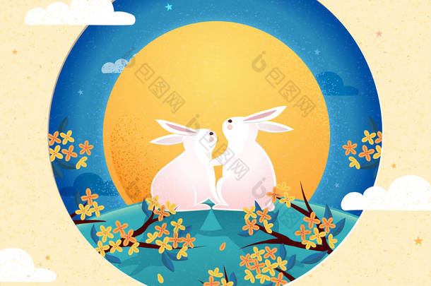 可爱的<strong>兔子</strong>夫妇在草原上一起欣赏着巨大的<strong>月亮</strong>，中秋佳节快乐