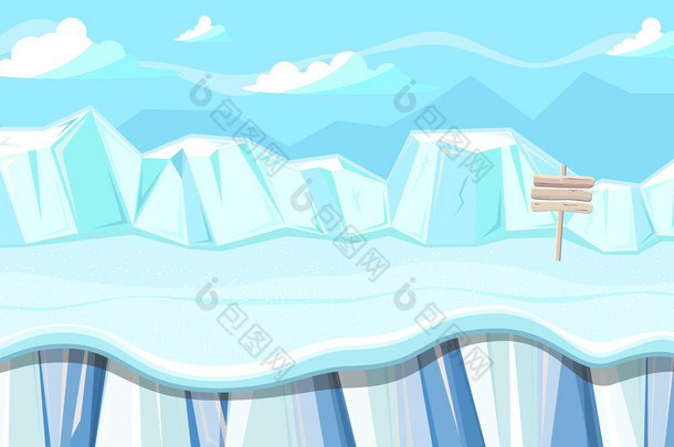 无缝冬季景观与冰山为圣诞游戏设计