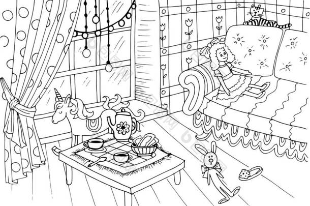 带摇椅玩具独角兽茶会沙发靠窗的儿童房女孩室内彩色书