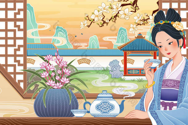 5.<strong>中国</strong>古代女孩坐在窗边，享受着一杯热茶，享受着平淡降的生活方式