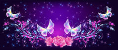 飞幻蝴蝶与粉红色的玫瑰，装饰和闪闪发光的星星