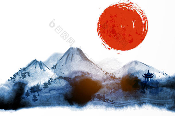 山上的雾和大<strong>红色</strong>的太阳手用墨水画在大米纸的背景上。传统东方<strong>水墨画</strong>墨, u-罪, 去华