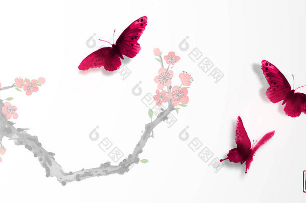 樱花樱桃树枝开花和蝴蝶。传统的东方水<strong>墨画</strong>--e, 仙, 去华。包含象形文字-和平, 安宁, 清晰, 美丽