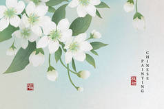 中国水墨画艺术背景,植物典雅的梨花.中文译文：植物与祝福.