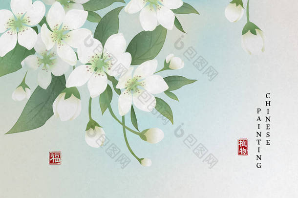 中国<strong>水</strong>墨画艺术背景,植物典雅的梨花.中文译文：植物与祝福.