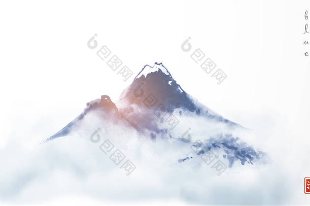 雪山在传统的日本sumi-e风格，东方复古墨水背景