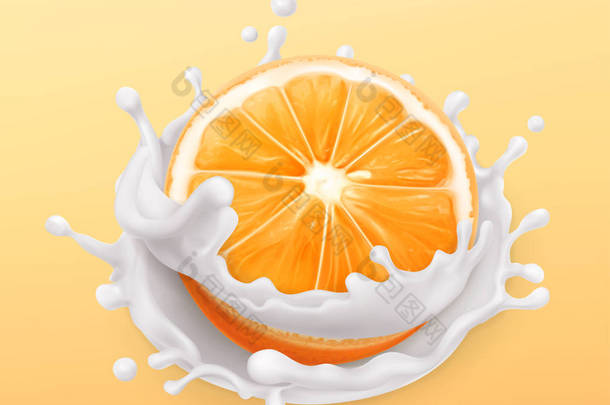 橙色水果和牛奶飞溅.
