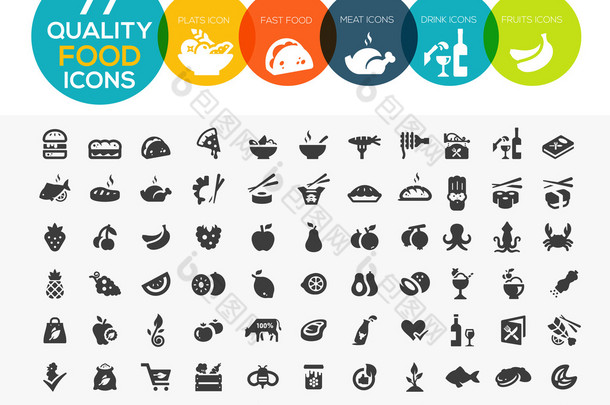 77 高质量食物图标，包括肉类、 蔬菜、 水果、 s