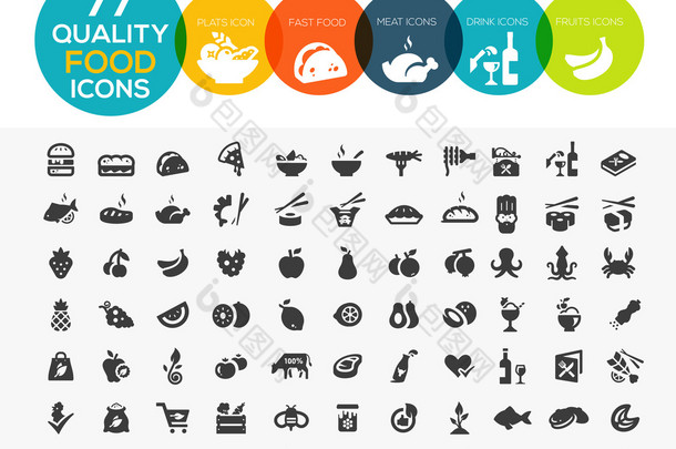77 高质量<strong>食物</strong>图标，包括<strong>肉类</strong>、 蔬菜、 水果、 s