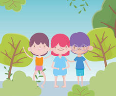 儿童节快乐可爱的小女孩和男孩路树灌木丛