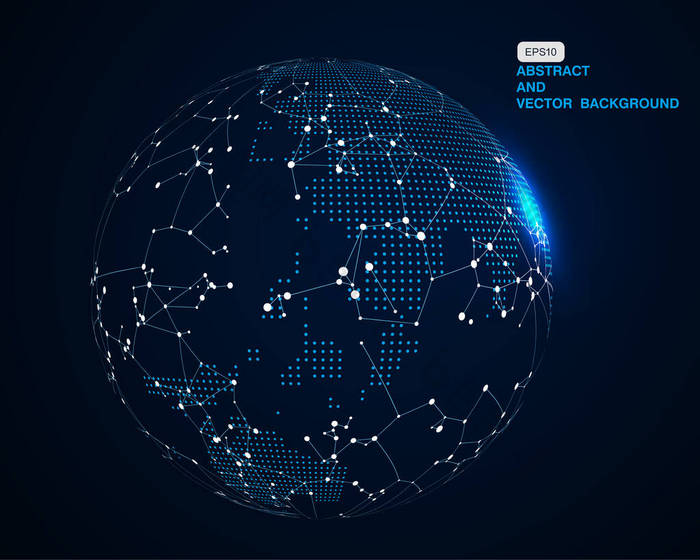 3D抽象概念地球、互联网和区块链概念、国际化和全球化的意义