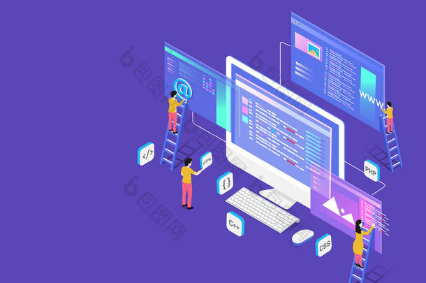 小型 web 开发人员维护团队合作或 web 开发概念的网站等距设计.