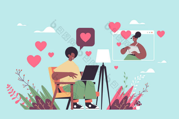 在<strong>网上约</strong>会的男人和女人聊天在虚拟会议上讨论的非洲裔美国夫妇