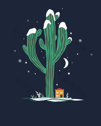 可爱的卡通插图与高萨瓜罗仙人掌和盖特尔的房子。墨西哥仙女冬天风景, 圣诞卡图片