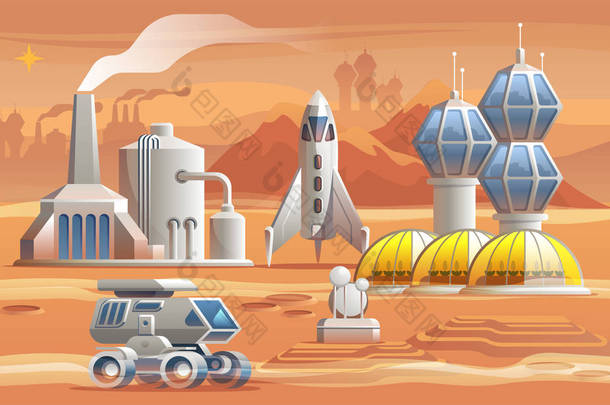 火星上的人类 colonizators流浪者驾驶横跨<strong>红色</strong>行星在工厂、温室和太空飞船附近