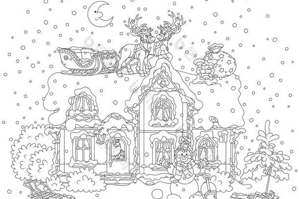 圣诞雪橇<strong>圣诞老人</strong>在屋顶上