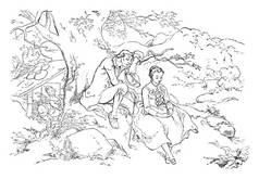 一个男人和女人坐在一起休息后, 一棵树, 复古线画或雕刻插图
