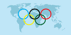 在前面的世界地图上的奥运五环
