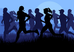 摩天大楼城市景观背景插图中的马拉松赛跑者