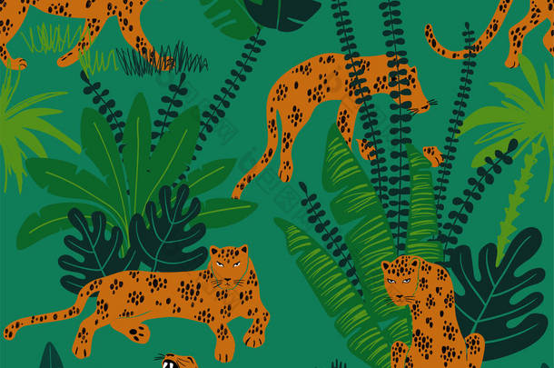 丛林无缝图案中的豹子.