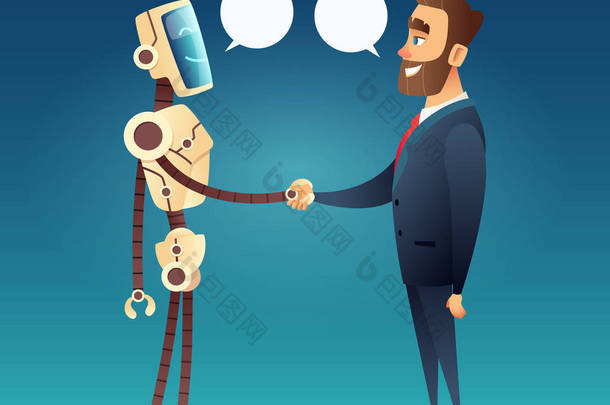 机器人和一个男人<strong>打招呼</strong>。人工智能与商人会议