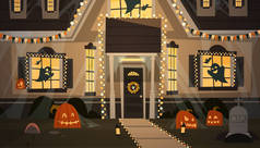 饰为万圣节家庭大楼前的视图与不同南瓜，蝙蝠的节日庆祝活动概念的房子