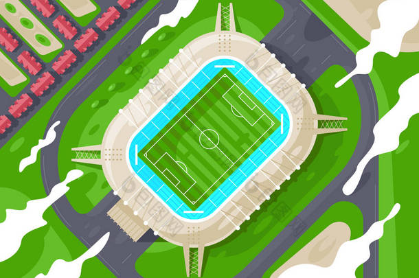 扁平绿色体育场从高处为足球.