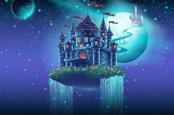 空气空间的城堡与行星的背景上的一座桥的插图