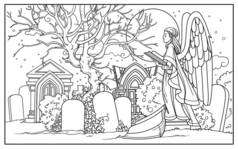 用坟墓、坟墓和有白色背景书籍的天使雕像在墓地上涂彩绘的线条