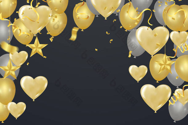 <strong>金色背景</strong>，气球和心形气球，五彩纸屑和 