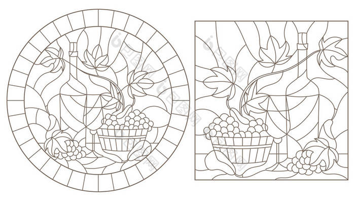 一套彩色玻璃风格的等高线插图, 静物, 一瓶葡萄酒和水果, 白色背景上的深色等高线