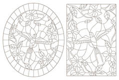 一套彩色玻璃窗户的等高线插图, 在花、椭圆形和长方形图像的背景上有鸟类燕子