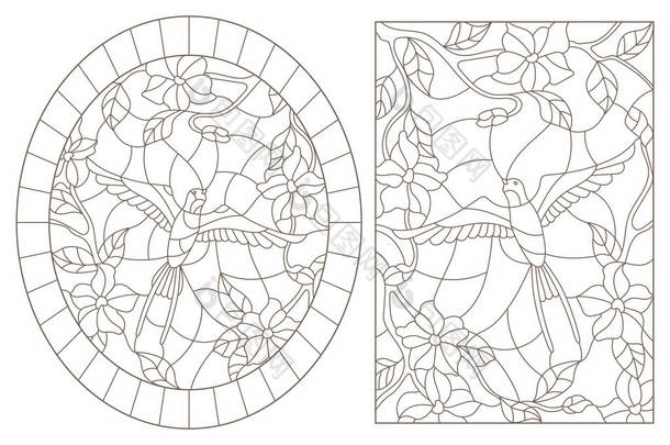 一套彩色玻璃窗户的等高线插图, 在花、椭圆形和长方形图像的背景上有鸟类燕子