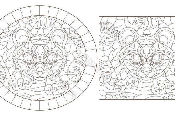 在热带植物的背景上设置带有老虎的彩色玻璃的等高线，在白色背景上设置圆形和正方形图像，黑色等高线