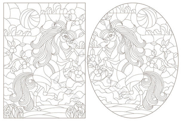 色彩斑斓的玻璃风格独角兽背景上的一组等高线插图，白色背景上的深色等高线
