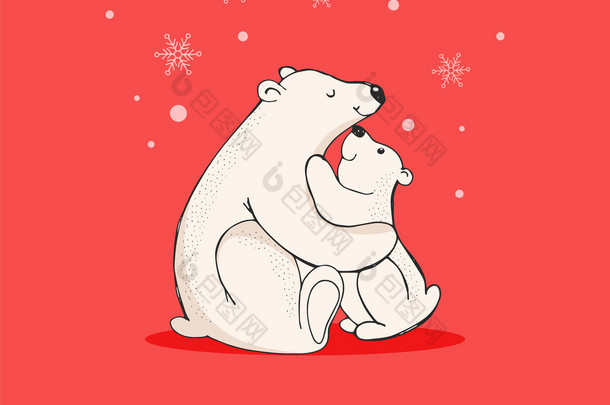 手绘极地熊，可爱的熊套，妈妈和宝宝熊，熊夫妇。快乐<strong>圣诞</strong>问候与熊