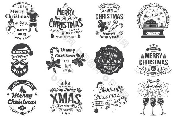 一套圣诞快乐和新<strong>年</strong>快乐的邮票，贴有雪花的<strong>贴纸</strong>，挂着圣诞球，圣诞礼帽，糖果.
