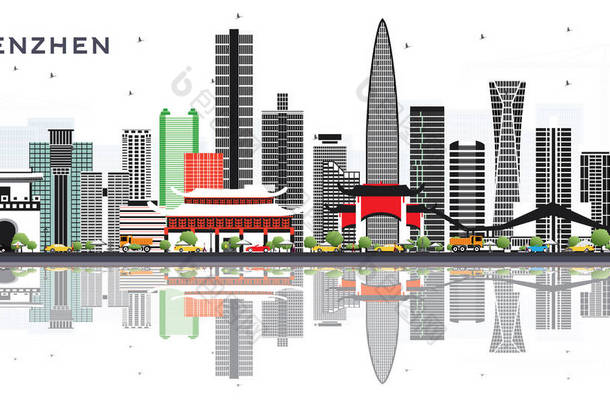 深圳中国城市天际线与色彩建筑和反射