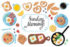 食物图标集：炒蛋、咖啡、橙汁、培根、煎饼、水果、羊角面包。早餐菜的剪贴簿收集.手写题词