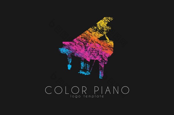 <strong>颜色</strong>钢琴徽标。彩虹音乐标志。创意的 logo。grunge 风格在钢琴