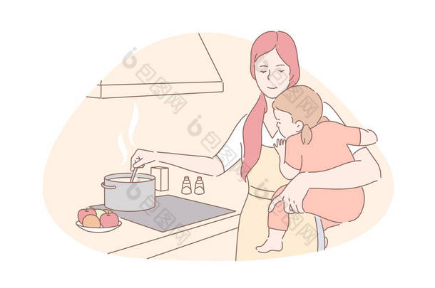 快乐的母亲，照看孩子，做家务的概念