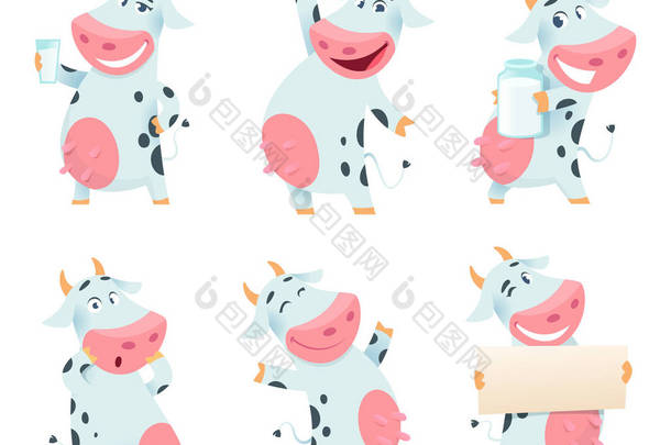 奶牛动物。动画片农场字符吃和摆姿势牛吉祥物查出
