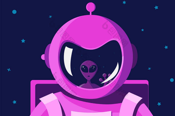 星系间和行星际与外星人相遇。身着粉红色宇航服、头戴头盔、没有脸的宇航员的肖像。宇航员的快门反映了一个好外星人的脸.