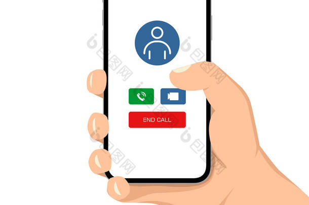 手持智能手机的野蛮人手持视频呼叫应用程序 ui 平面样式插图.