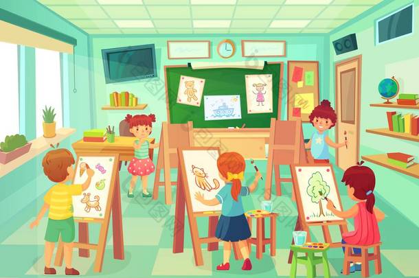 孩子们在美术课上画画媒介艺术教育