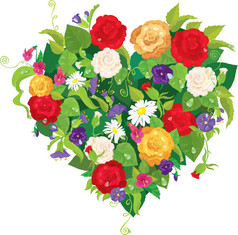 心的形状是由美丽的花朵-玫瑰、 紫罗兰、 贝尔