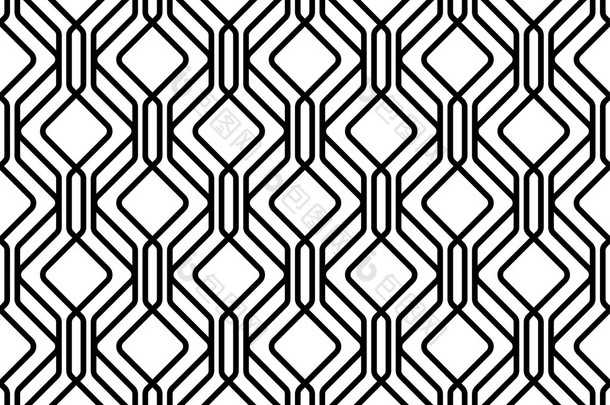 黑色和白色几何无缝模式与线，抽象背景.
